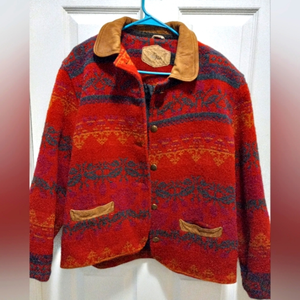 Vintage Woolrich Womens Red Floral Aztec Wool Leather Southwestern Jacket Size L